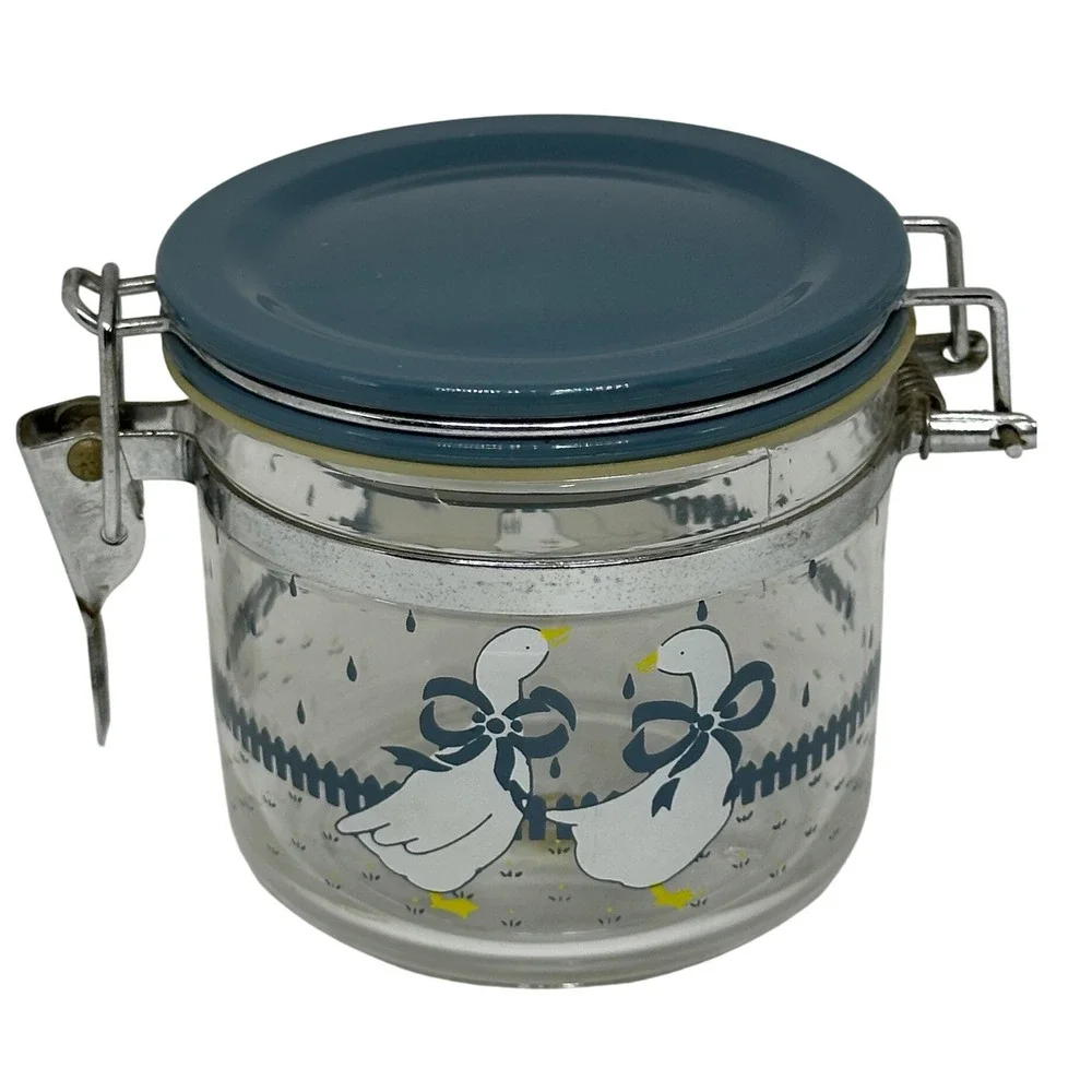 VTG Country Goose Glass Canister Blue White Farmhouse Kitchen Storage Jar Small